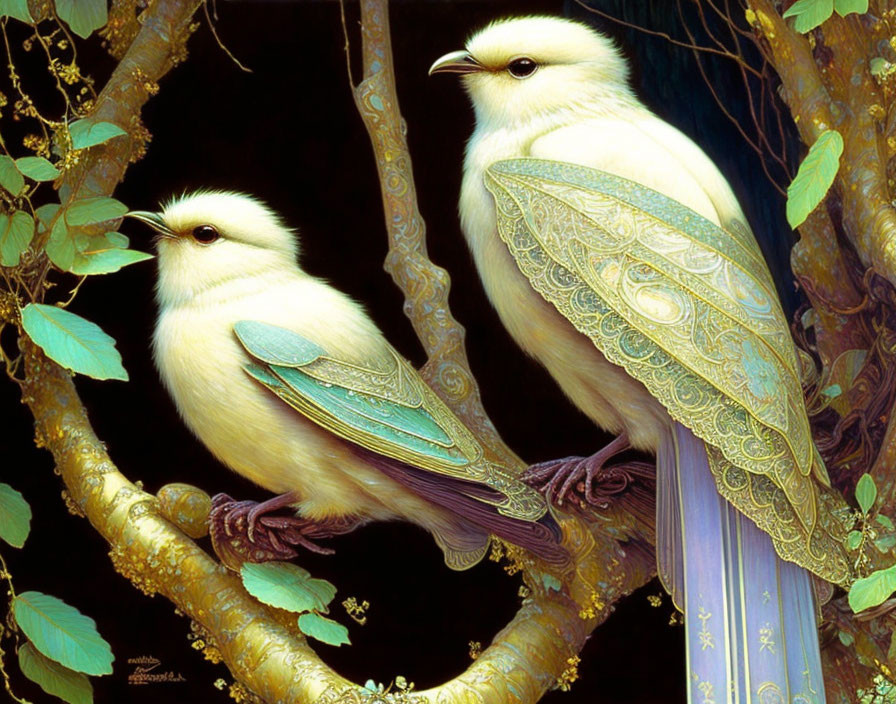 Ornate white birds with blue and gold patterns on branch