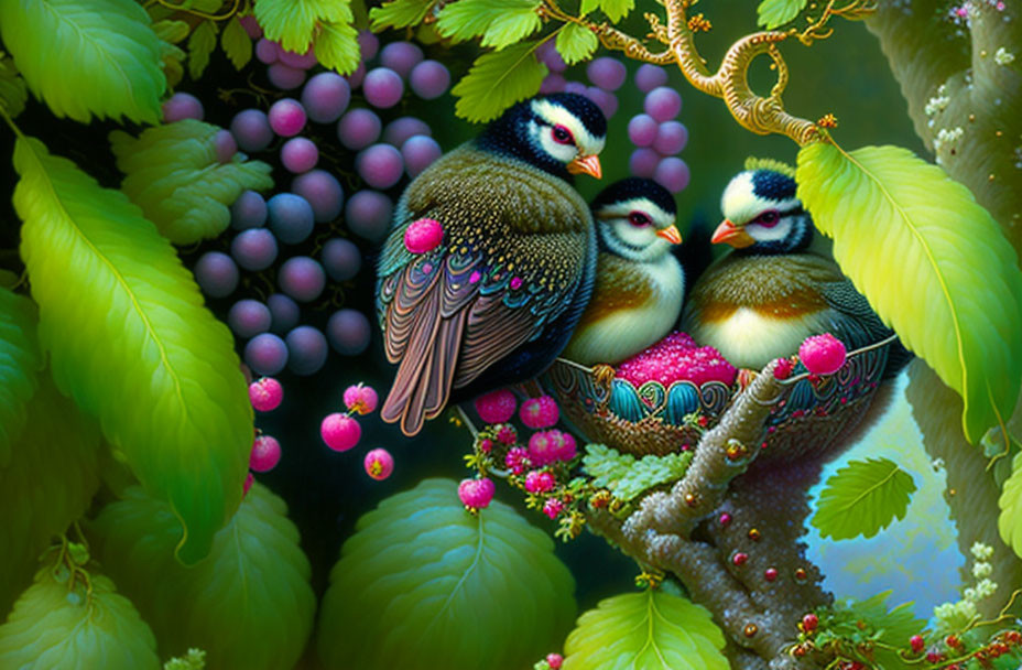 Colorful Birds Perched in Vibrant Green Foliage