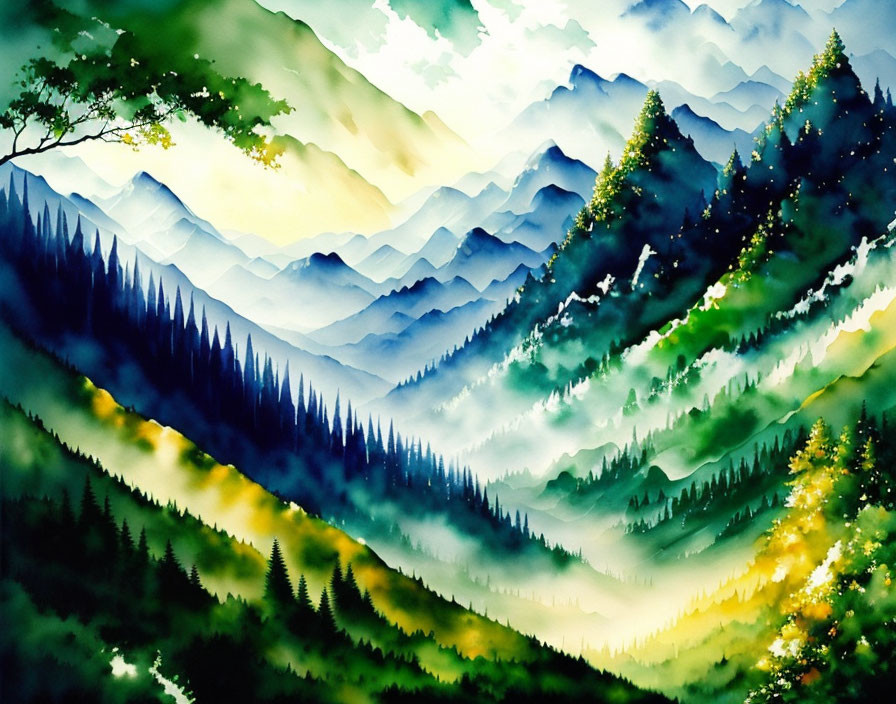 Layered Mountain Ranges & Green Forests in Watercolor