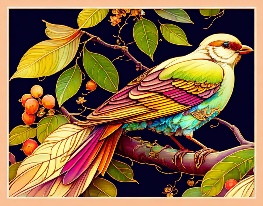 Colorful Bird Illustration on Branch with Vibrant Leaves and Berries