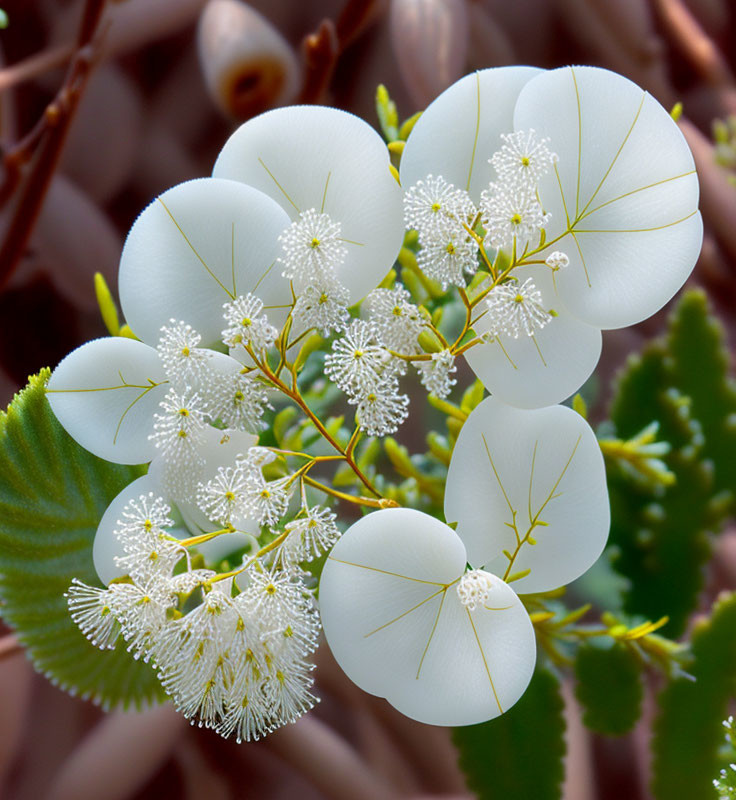 Delicate white flowers with prominent stamens and translucent petals on blurred background