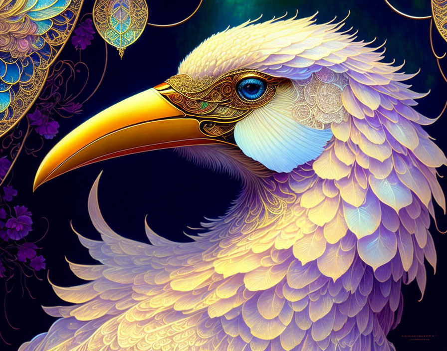 Stylized bird with intricate feathers and floral background