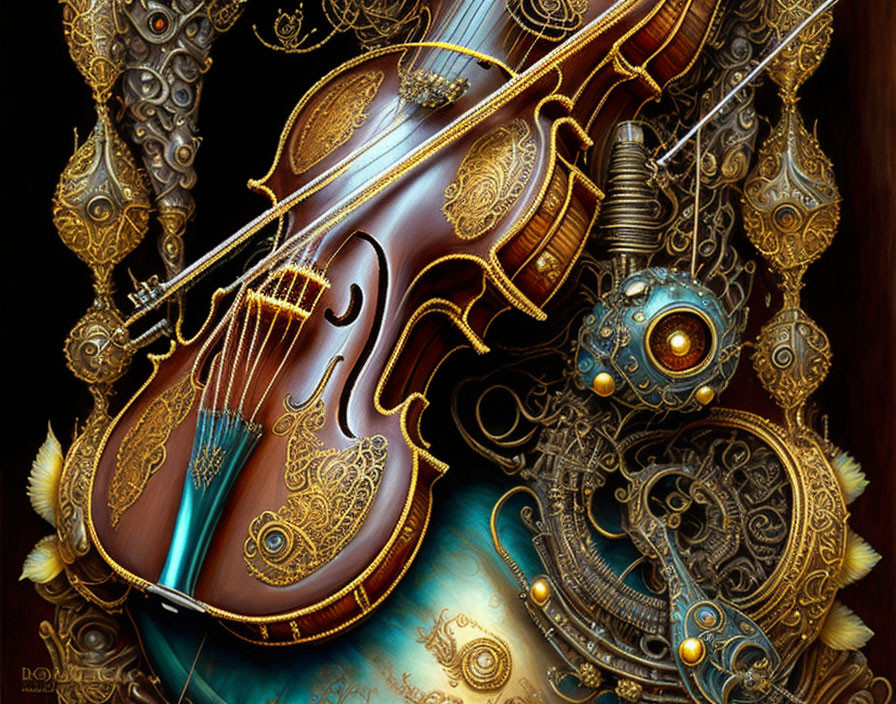 Steampunk Violin with Metallic Gears and Ornate Patterns