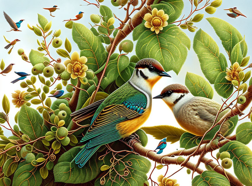 Colorful bird illustration in lush foliage with flowers under clear sky