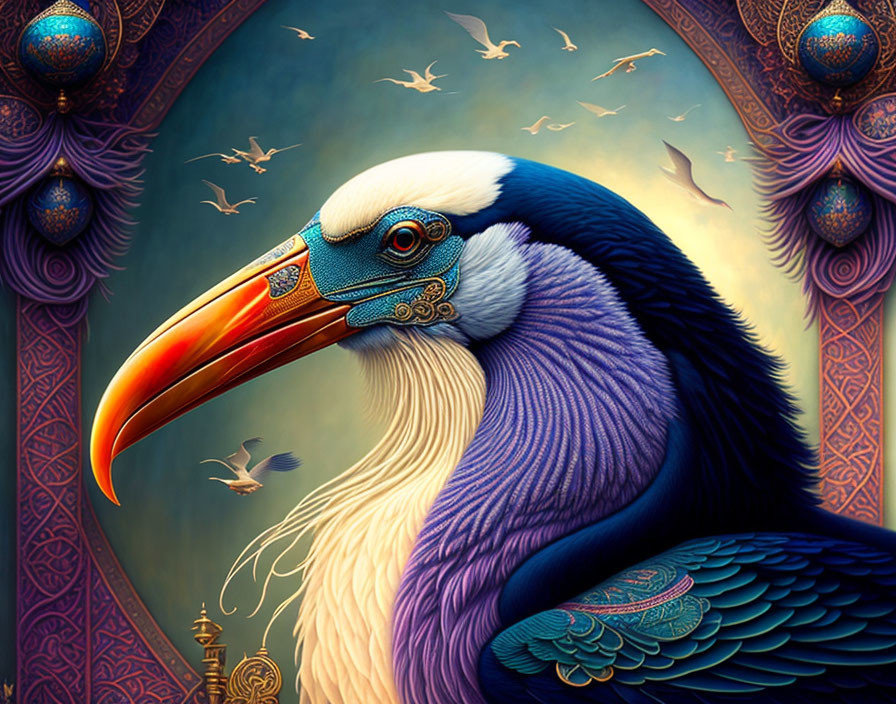 Colorful hornbill illustration with ornate patterns on mystical backdrop.