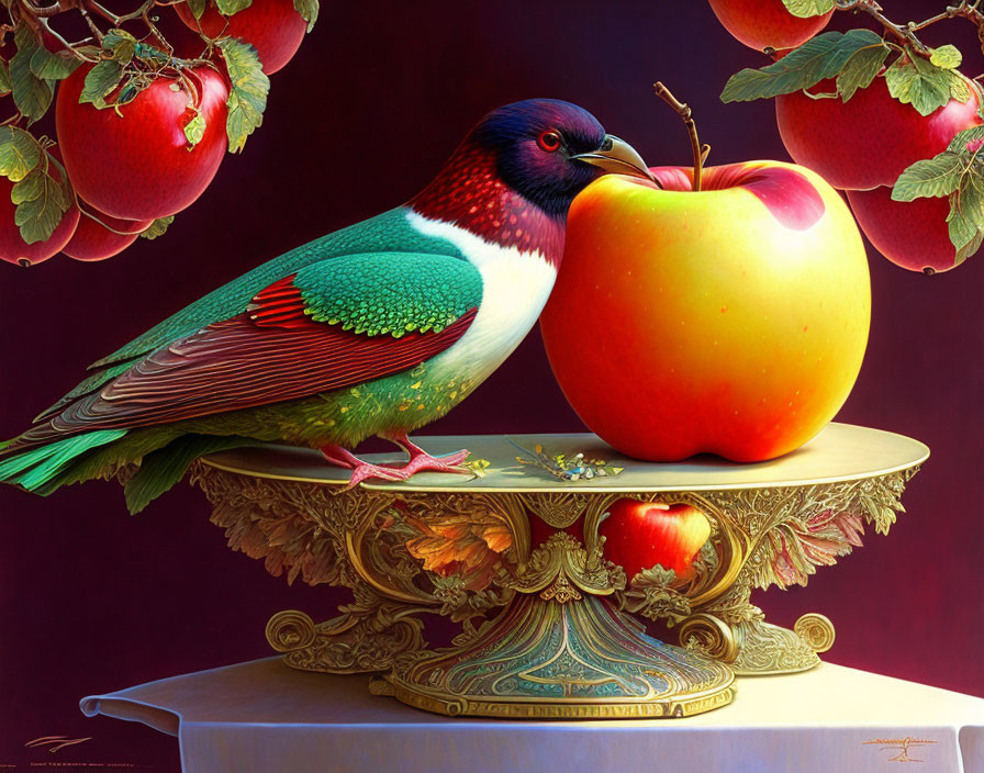 Vividly Colored Bird on Gold Pedestal with Apples