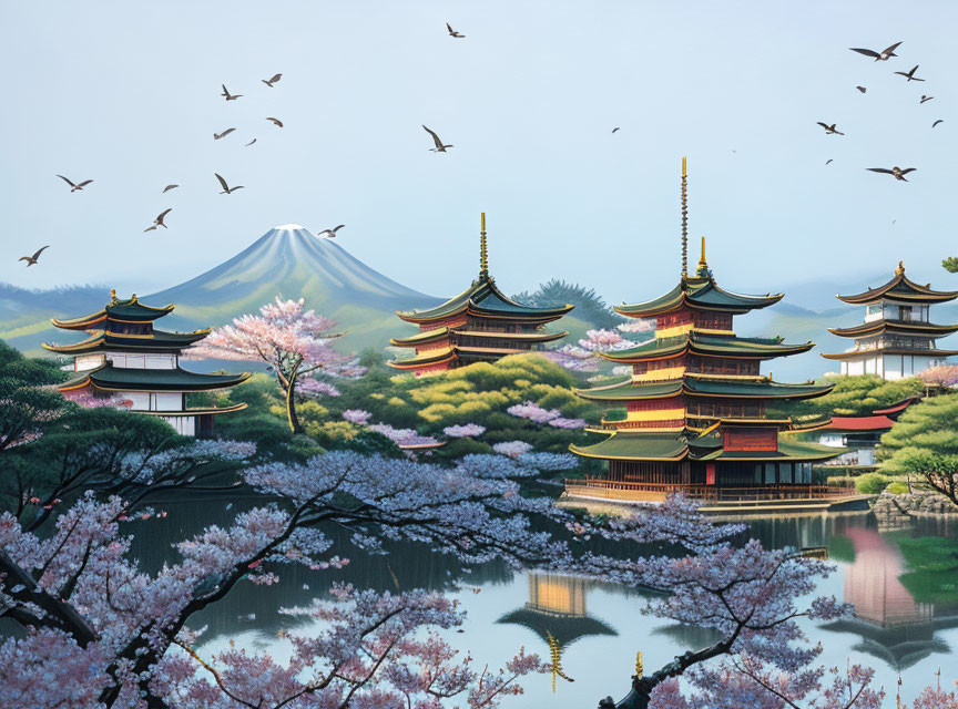 Japanese landscape with Mount Fuji, pagodas, cherry blossoms, and birds