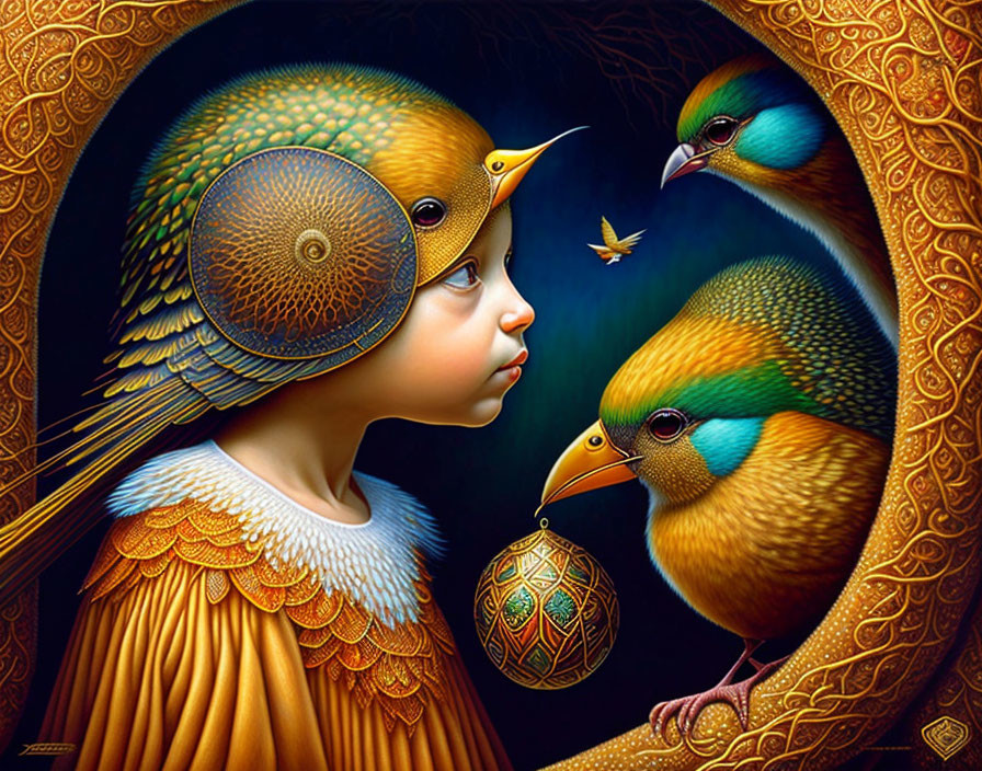 Child with bird-like features surrounded by colorful birds and patterns