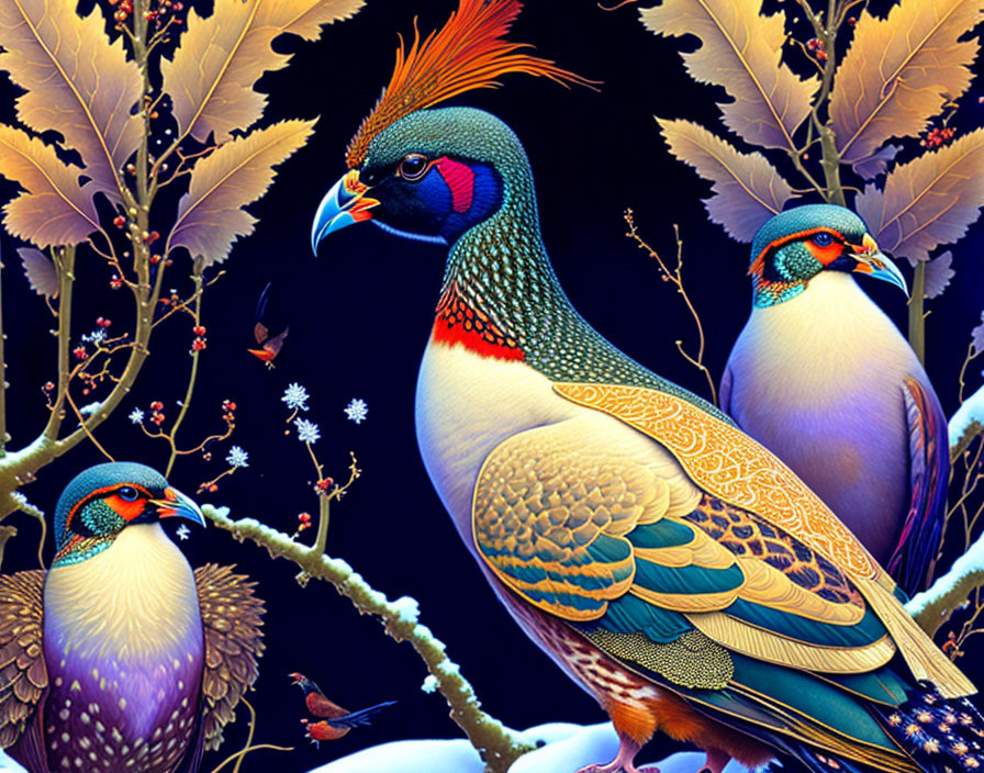 Colorful Birds with Intricate Feathers on Branches in Dark Blue Setting