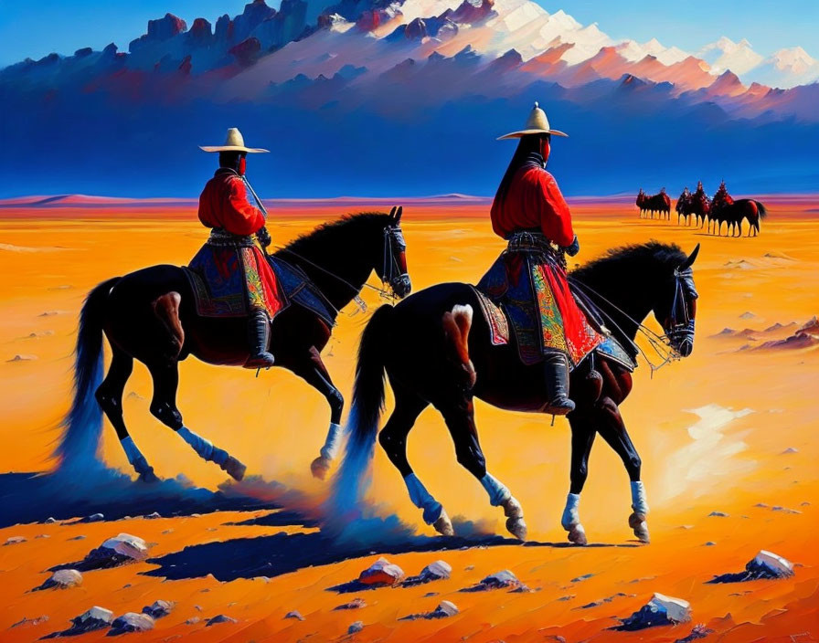 Three people in traditional attire on horseback in vibrant desert landscape with distant group and striking mountain backdrop.