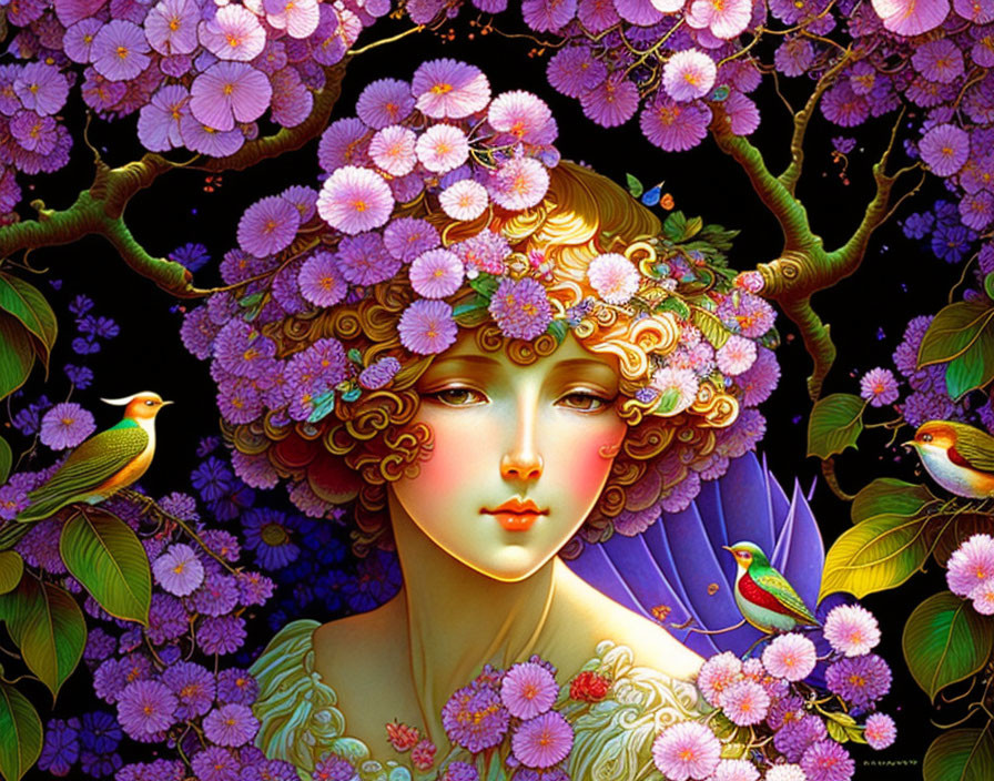 Stylized portrait of woman with floral headdress, purple blooms, and colorful birds