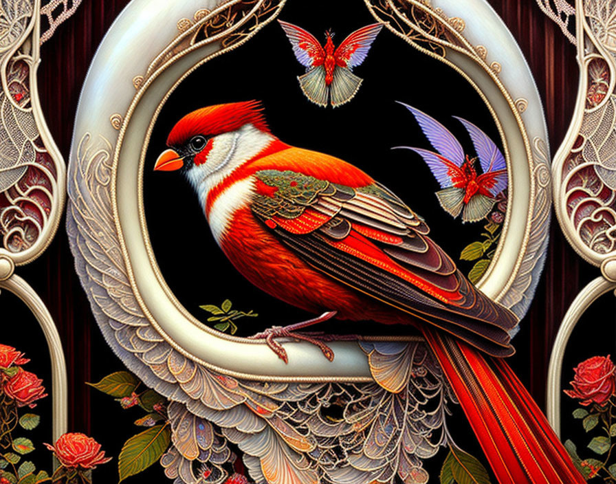 Detailed Illustration of Red Cardinal with Floral Designs in Ornamental Frame