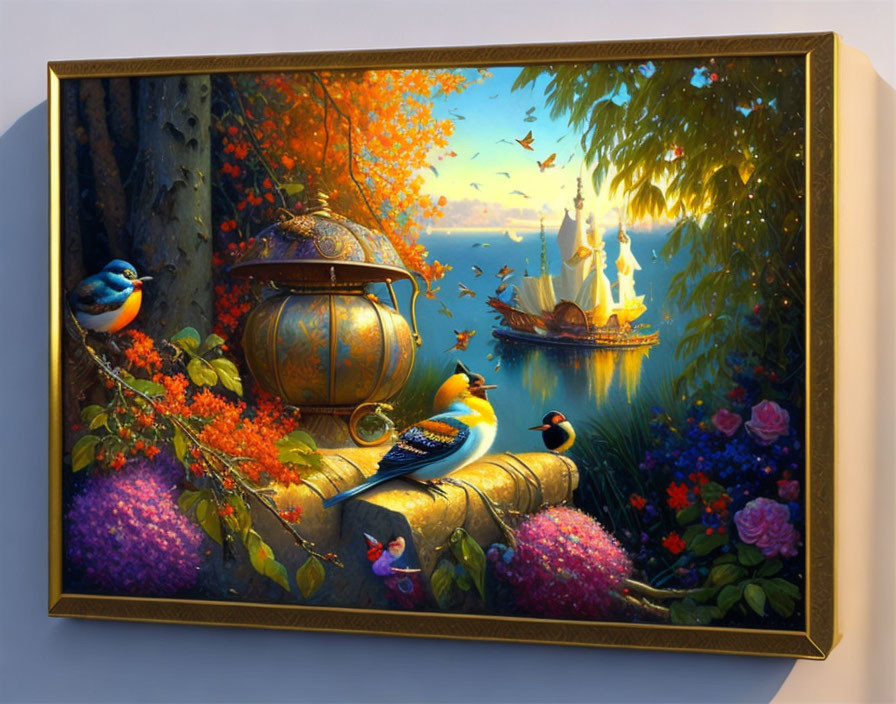 Colorful Autumn Painting with Birds, Ship, and Flowers in Gold Frame