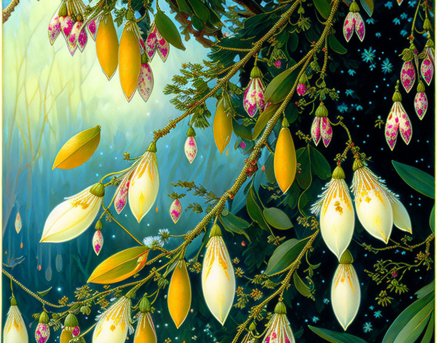 Vibrant Artwork of Hanging Flowers and Buds