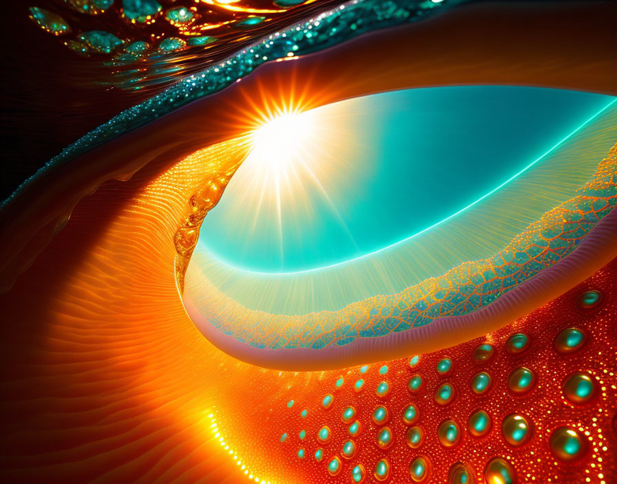 Abstract digital art of glowing blue oval in orange rippled texture