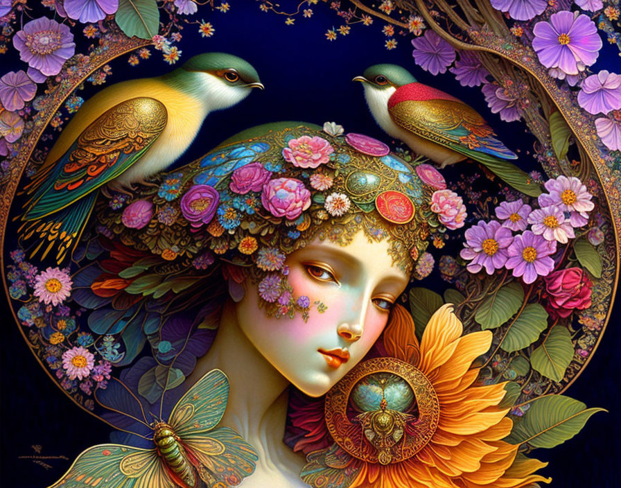 Detailed artwork of woman with flowers, butterflies, birds, and patterns on dark backdrop