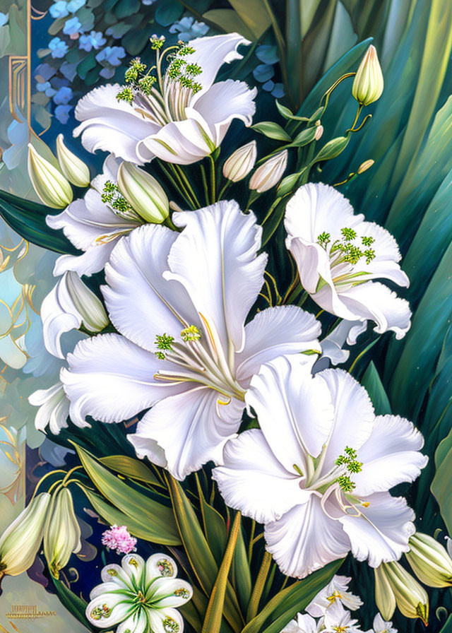 Detailed painting of white lilies on decorative backdrop