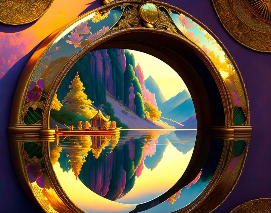 Circular Golden Mirror Reflecting Vibrant Landscape with Trees, Lake, and Sun