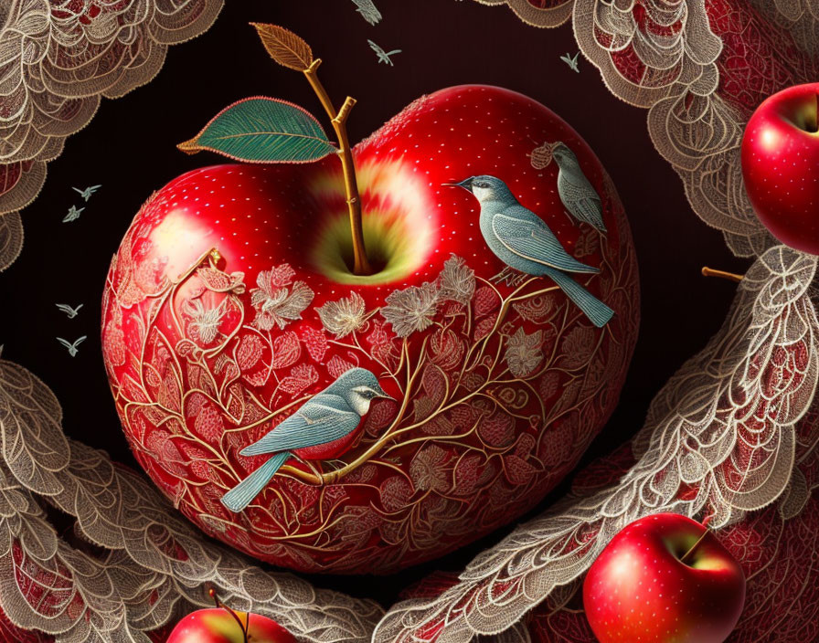 Red apple with lace patterns and blue birds on dark background