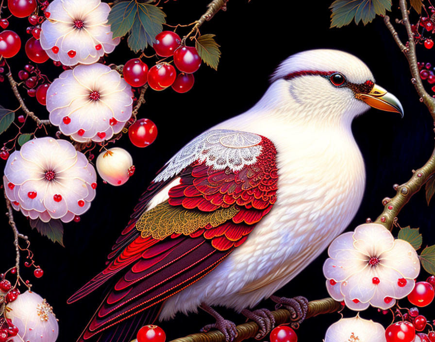 Detailed bird illustration with red and white plumage on branch with flowers and berries