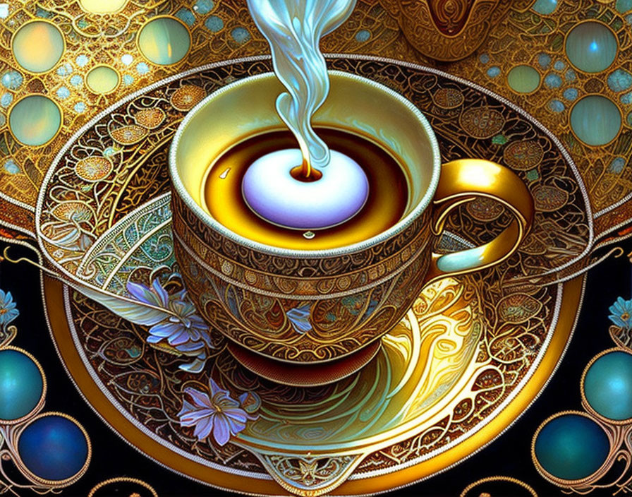 Detailed illustration of ornate coffee cup with golden patterns on floral background