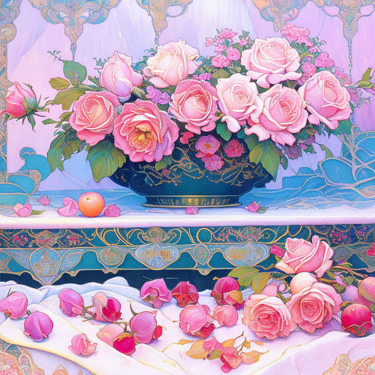 Ornate vase with pink roses, fallen petal, peach, soft purples and blues