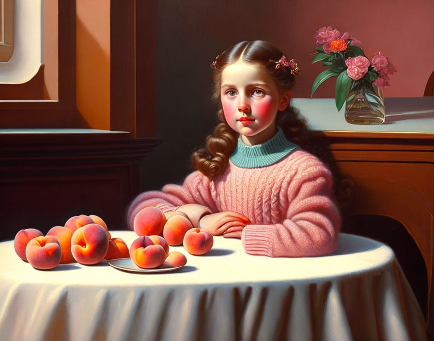 Portrait of young girl with braided hair and peaches on table in warm lit room