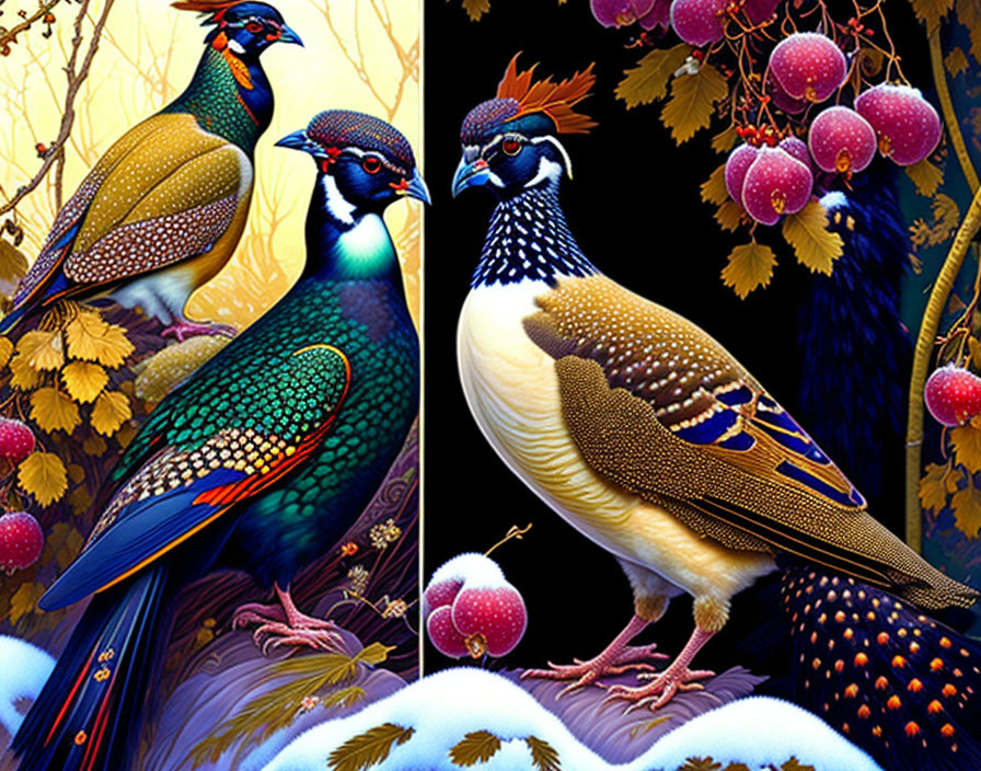 Vibrant autumn scene with colorful illustrated pheasants