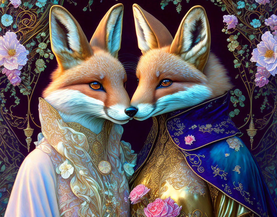 Regal foxes in ornate attire on floral background