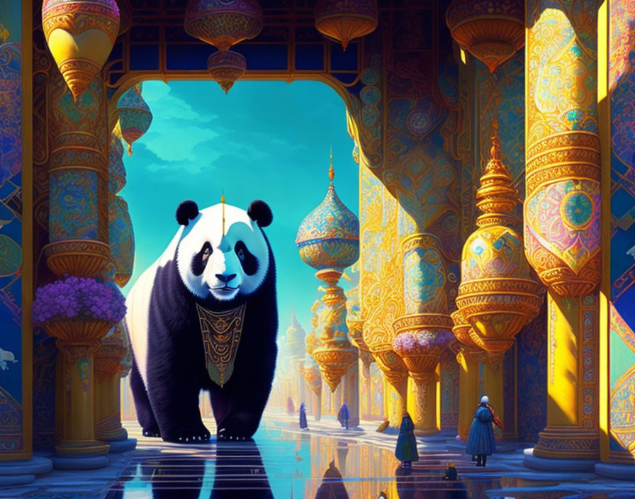 Giant panda in ornate armor in vibrant palace with intricate architecture