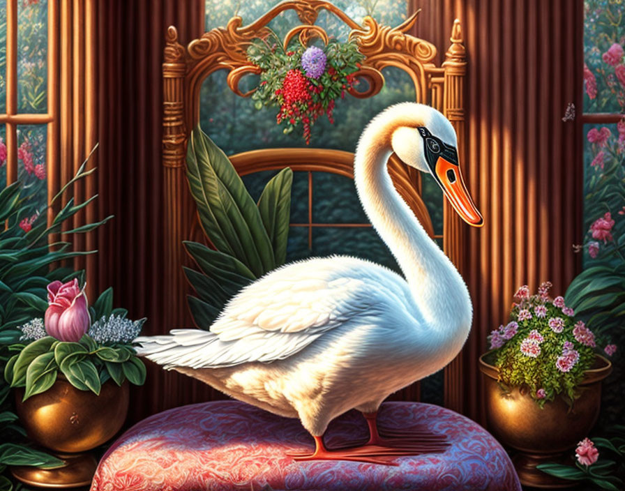 Majestic swan on red-cushioned chair in lush indoor setting