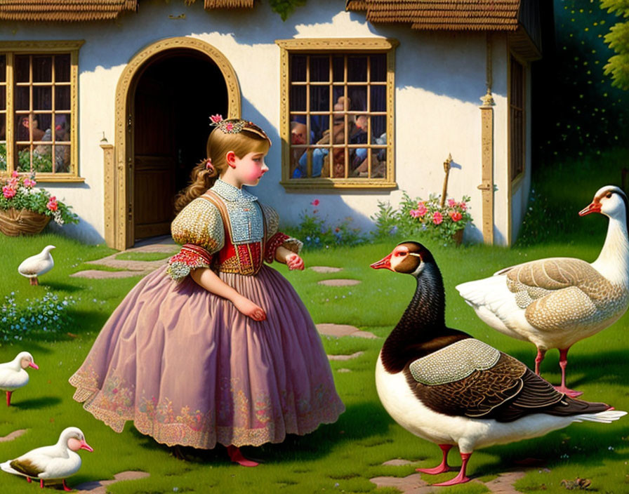 Vintage dress girl feeds geese in garden setting