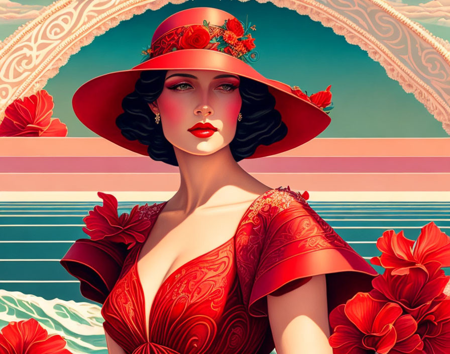 Illustration of woman with porcelain skin in red dress and hat against stylized backdrop