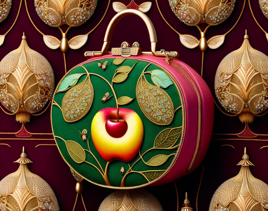 Stylized apple motif handbag on dark red background with golden ornamental details