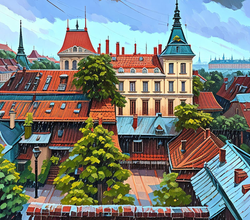 Colorful European Townscape with Red-Tiled Roofs and Green Trees Post-Rain