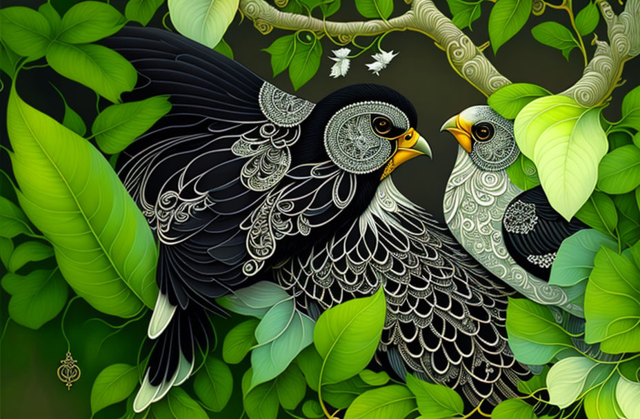 Stylized bird illustration with intricate patterns in green foliage