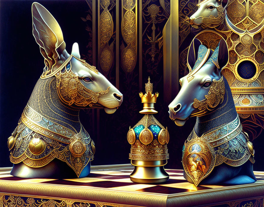 Ornate anthropomorphic chess knight pieces on a regal board