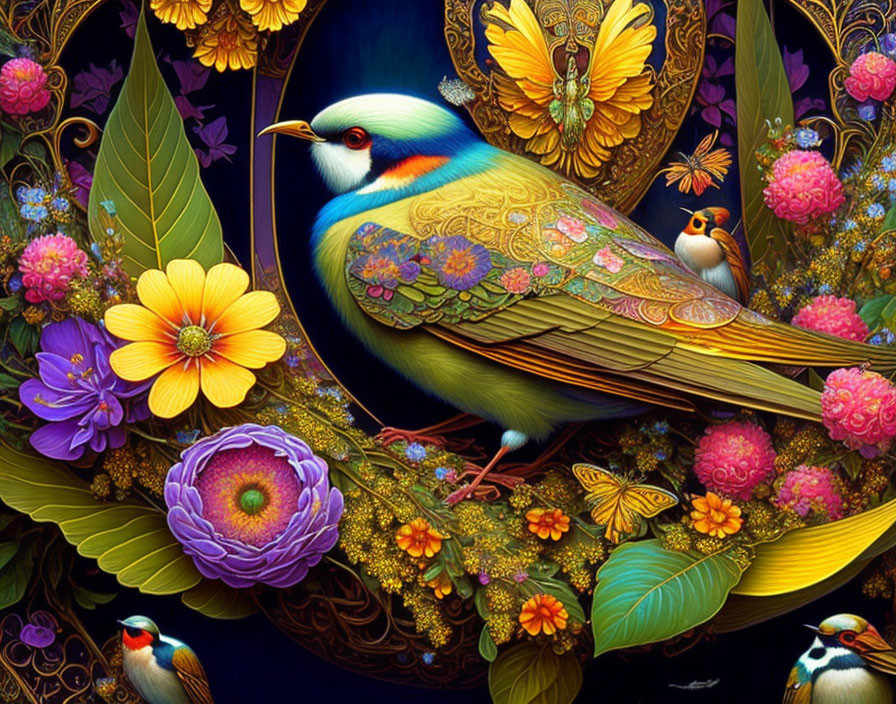 Vibrant bird surrounded by colorful flowers and leaves in stylized image