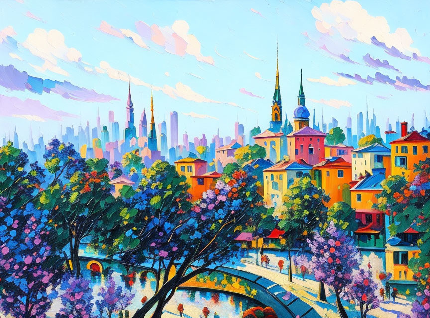 Colorful Impressionistic Painting of Quaint Town with Bridge and City Skyline