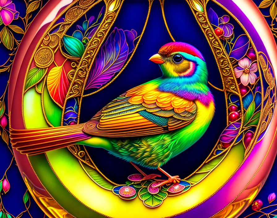 Vibrant bird illustration on branch with intricate patterns and floral frame