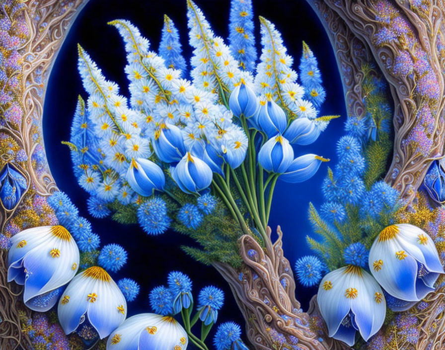 Digital painting of blue and white flowers with ornamental borders on deep blue.