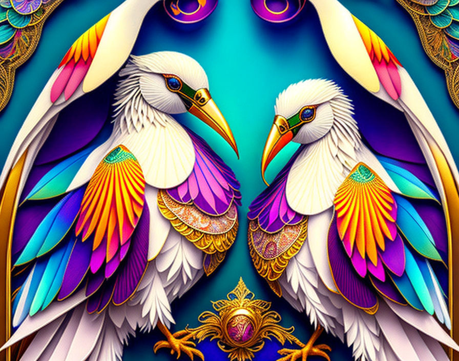 Colorful Stylized Birds with Feather Patterns on Vibrant Blue Background