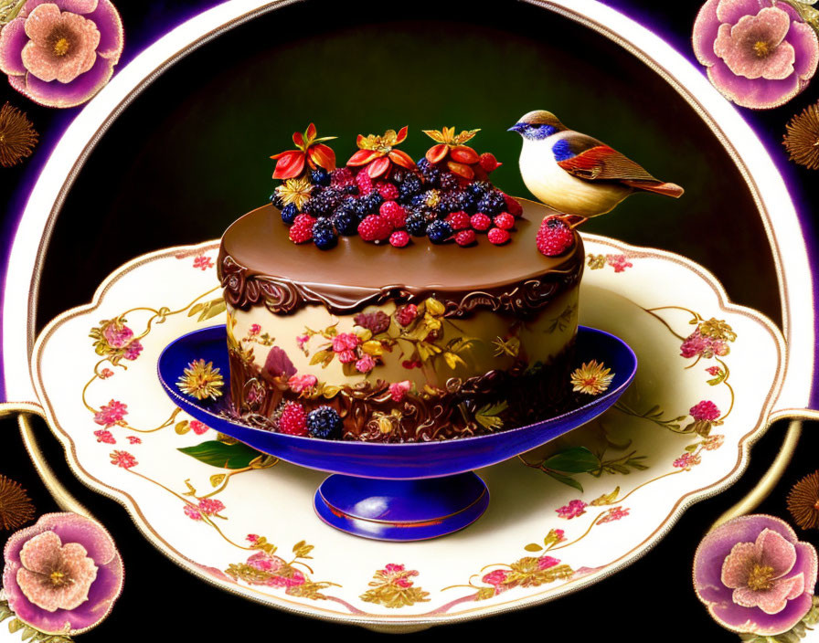 Chocolate cake with mixed berries on decorative plate with bird, dark background floral accents