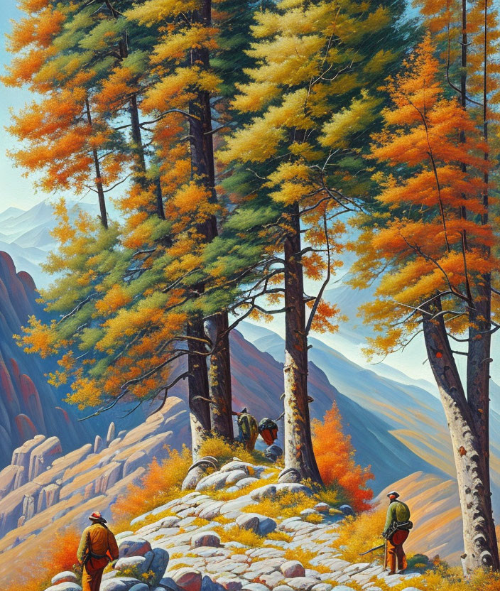 Autumnal forest scene with three hikers on mountain trail