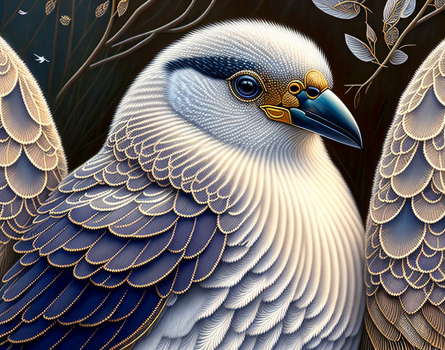 Detailed Blue and White Bird Illustration with Golden Beak on Dark Foliage Background