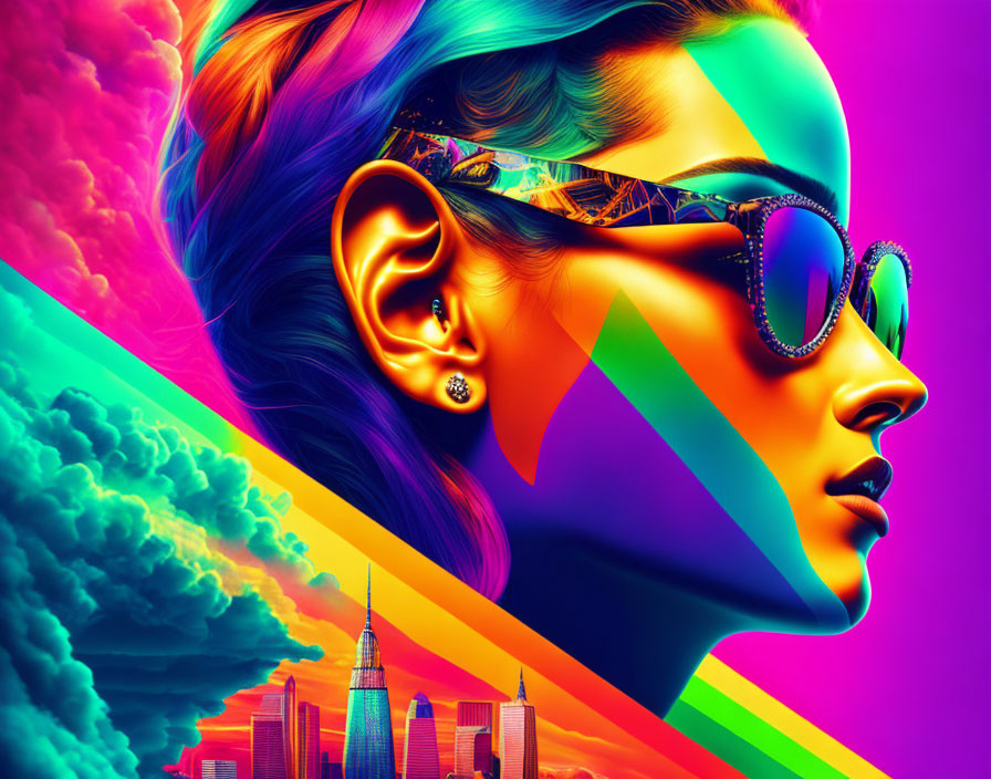 Vibrant Portrait of Woman with Rainbow Hair and Sunglasses