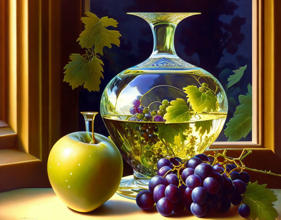 Realistic still life painting: green apple, glass pitcher with grapes, yellow surface, dark backdrop with