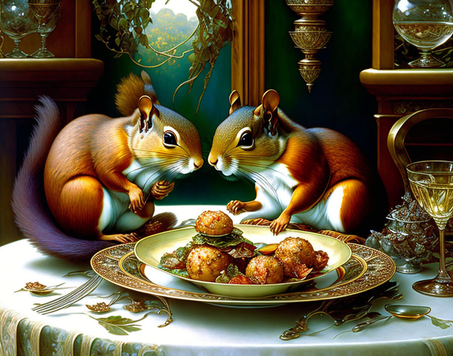 Animated squirrels dining at a luxurious table with acorns in opulent setting
