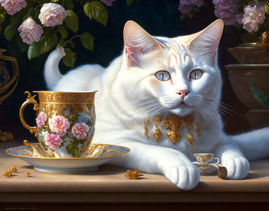 White Cat with Golden Accessories Resting Near Teacup and Roses