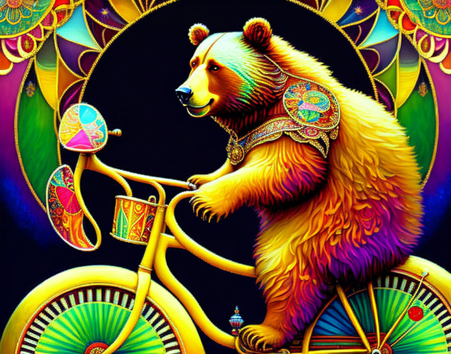 Colorful Bear Riding Bicycle with Intricate Patterns and Decorations